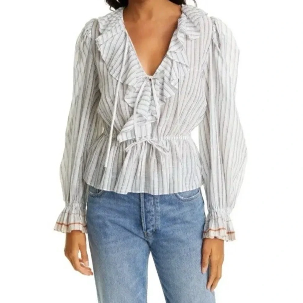 NEW Ulla Johnson Womens 8 Kalila Blouse Striped Cotton Ruffle Peplum Puff Sleeve